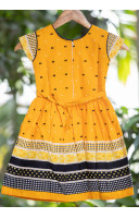All Over Bow Printed Yellow Cotton Kids Dress (KR1195)